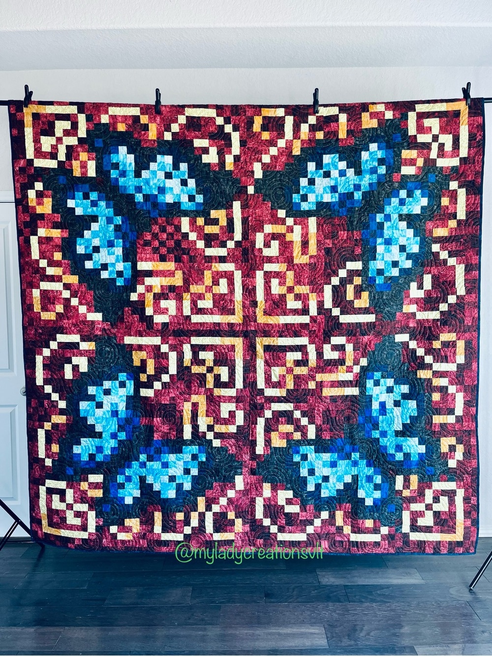 Handmade Pixel Butterfly Quilt King Size  – Blue & Burgundy